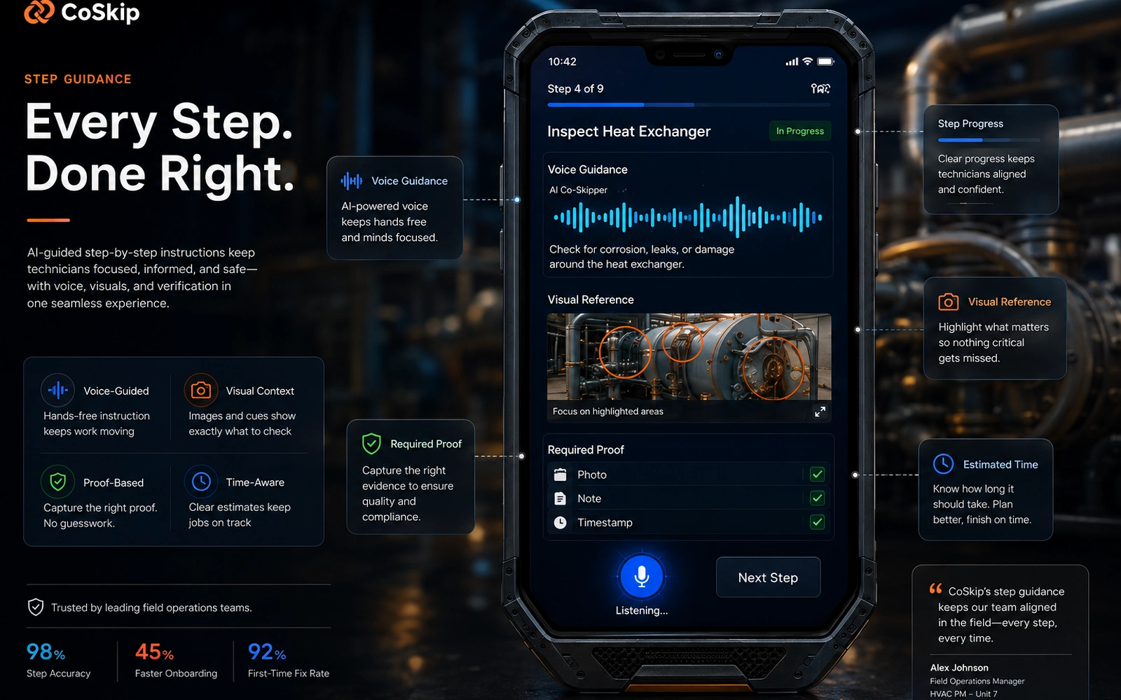 CoSkip field workflow platform experience with guided steps and proof capture.
