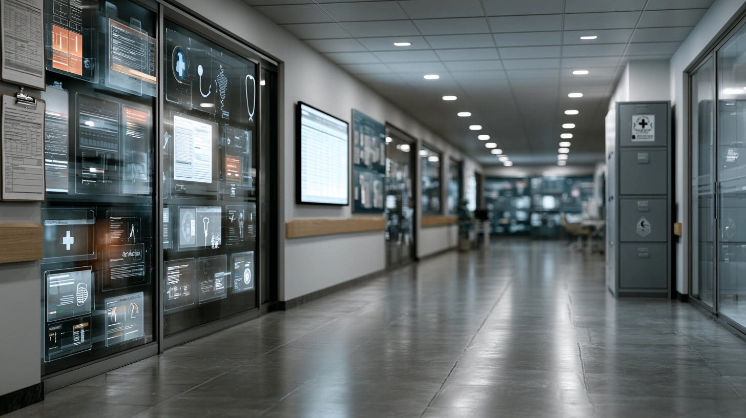 Healthcare AI operations visual with patient intake, care coordination, privacy controls, and workflow dashboards