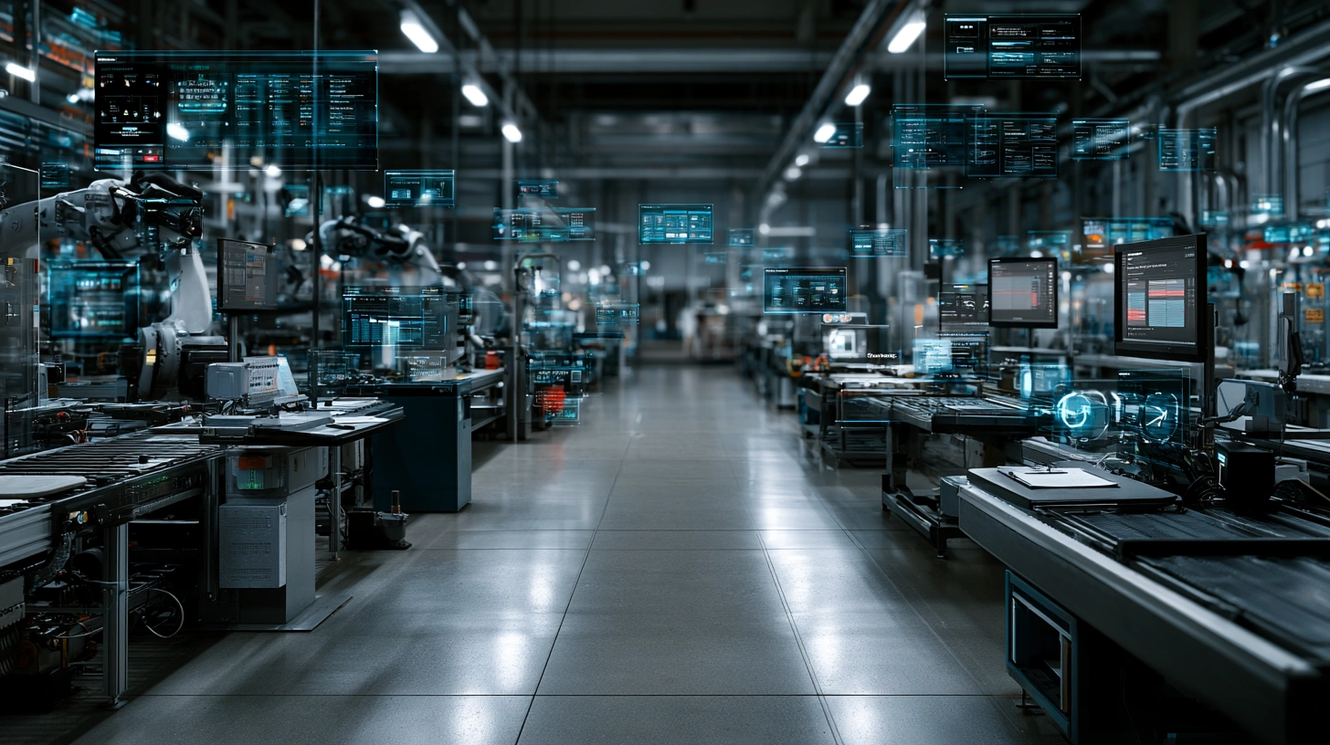 Manufacturing and industrial operations AI visual with production workflows, quality inspection, maintenance signals, and asset dashboards